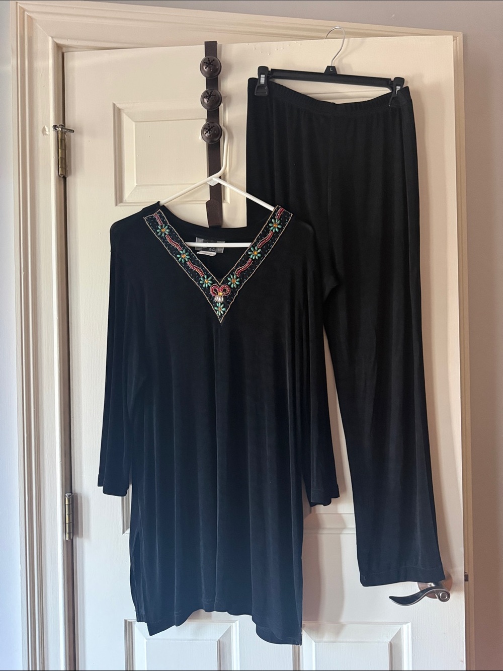 Slinky Brand Black Pantsuit with Embroidered V-Neck- Size Large